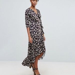 QED London Floral Ruffle Detail Wrap Maxi Dress